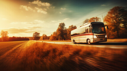 Fototapeta premium Family vacation travel RV, holiday trip in motorhome. Motorhome RV parked on the side of the road at sunset. Travelers with camper van are resting on an active family vacation