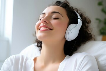 A close-up of a young woman's face, smiling while listening to music in a white living room
