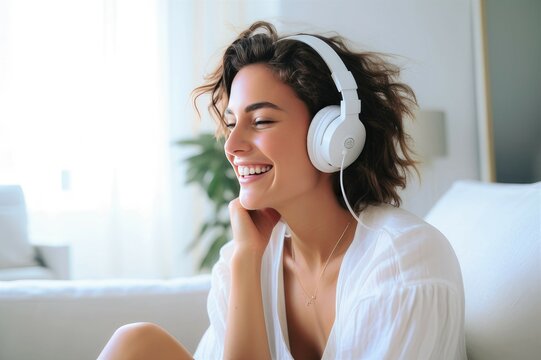  A close-up of a young woman's face, smiling while listening to music in a white living room
