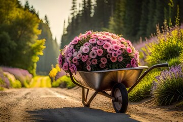wheelbarrow with flowers - obrazy, fototapety, plakaty