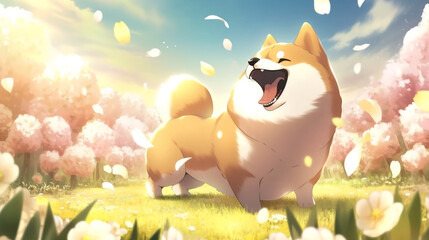 cute shiba dog action happy dog ​​playing in the park, generative flower background ai