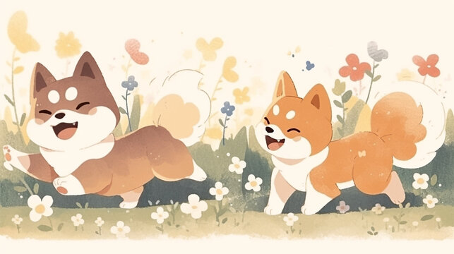 cute shiba dog action happy dog ​​playing in the park, generative flower background ai