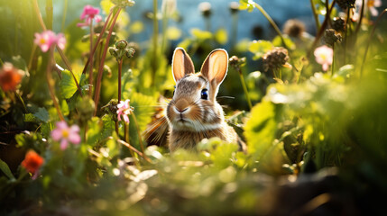 Fototapeta na wymiar Lone rabbit in a meadow of wild flowers on a bright sunny day