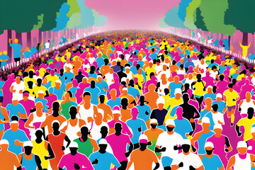 powerful image of a marathon race dedicated to cancer awareness, with participants wearing colorful shirts representing different types of cancer and running in unison.