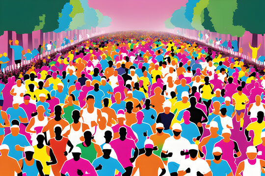 powerful image of a marathon race dedicated to cancer awareness, with participants wearing colorful shirts representing different types of cancer and running in unison.