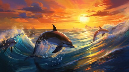  a painting of dolphins swimming in the ocean at sunset or sunrise.  generative ai - obrazy, fototapety, plakaty