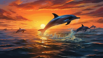  a painting of dolphins jumping out of the water at sunset.  generative ai