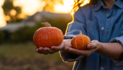 Farmer with pumpkin on a pumpkins field.	