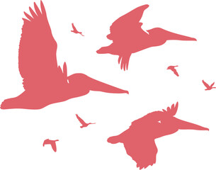 Flight of a flock of pelicans with other small birds. Vector image. - 655339541