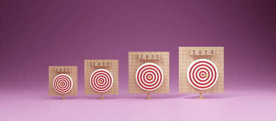 Obraz premium Business growth concept. Big target icon in 2024 on pink background
