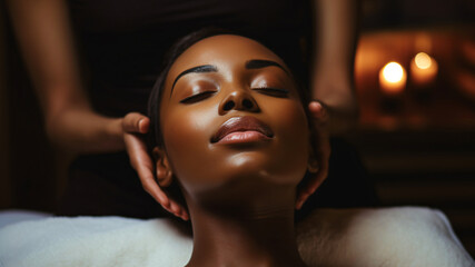 Black woman gets a head massage in a spa - obrazy, fototapety, plakaty
