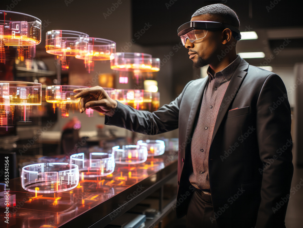Poster young man in suit and 3d glasses looking at the display of the modern scientific laboratory. generat