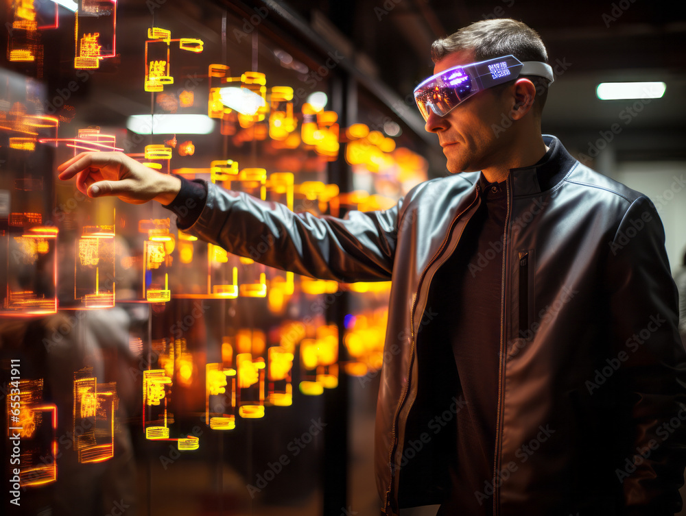 Poster Young man in virtual reality goggles touching interactive display with glowing light effects. Generative AI