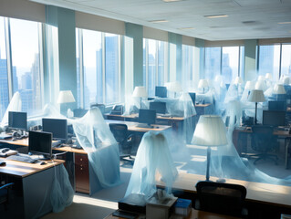 Interior of a modern abandoned office with tables and chairs. Generative AI