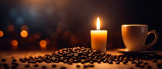 Eine brennende Kerze verbreitet wohlig warmes Licht über die am Boden liegenden Kaffeebohnen. Kaffeetasse