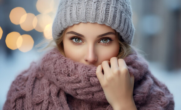 Portrait of young beautiful woman in winter clothes. Cold.