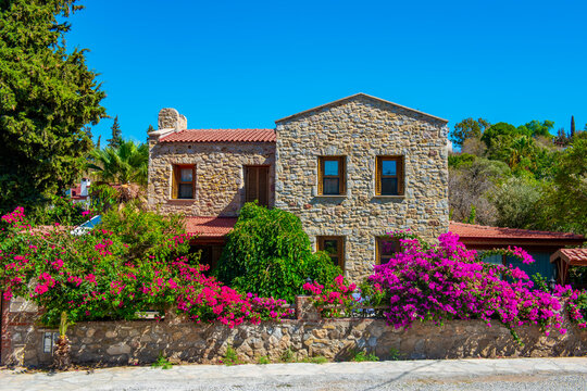 Old Datca Region in Mugla, Turkey. Nostalgic stone houses typical of the Old Datca Region. Datca, Mugla. Beautiful street view with begonville.