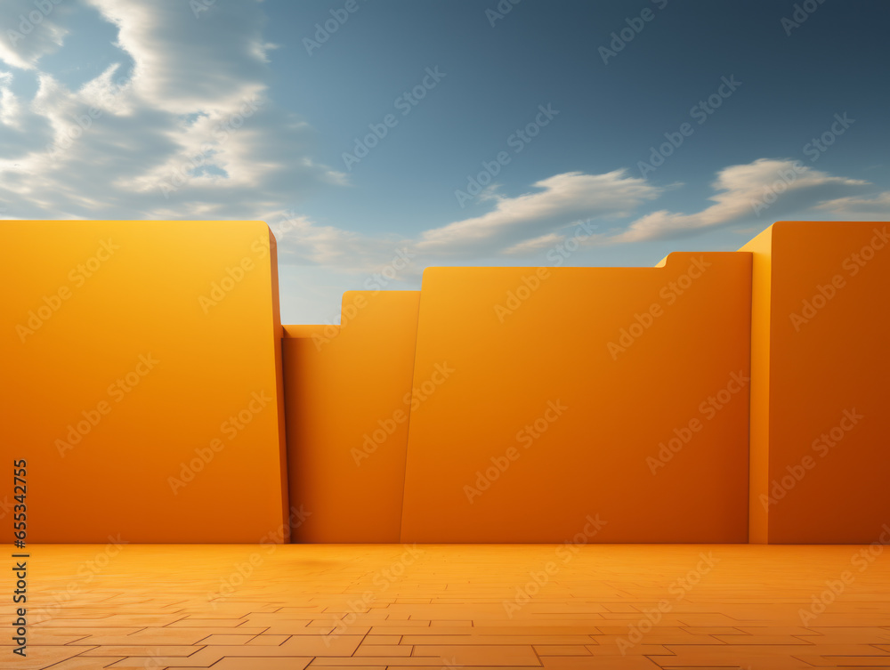 Poster orange walls on the floor with clouds in the sky background. generative ai