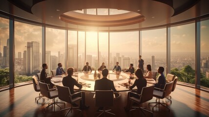 Fototapeta na wymiar Visualize a group of investors discussing potential properties in a boardroom, highlighting the collaborative aspect of property investment