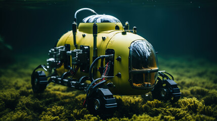 Obraz na płótnie Canvas Exploring the Deep Sea, Modern Advanced Submersible Robot in the Deep Ocean, Generative AI