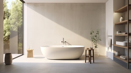 Fototapeta na wymiar a large white bath tub sitting in a bathroom next to a window. generative ai