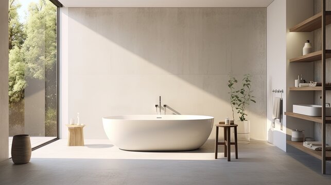  a large white bath tub sitting in a bathroom next to a window.  generative ai