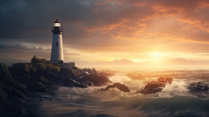 Naklejka premium a painting of a lighthouse on a rocky shore at sunset. generative ai