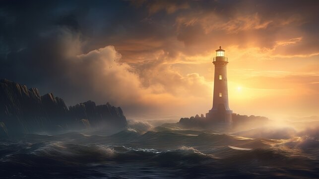  a lighthouse in the middle of a large body of water.  generative ai