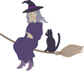 Halloween editable vector illustration element of cute, fun and spooky flying wicked witch in purple costume  talking with a cat on a  broom