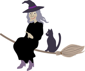 Halloween editable vector illustration element of cute, fun and spooky flying wicked witch in black costume  talking with a cat on a  broom