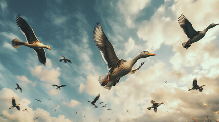 geese flying in the daytime sky vincent van gogh style, with high contrast composition style, ai generative