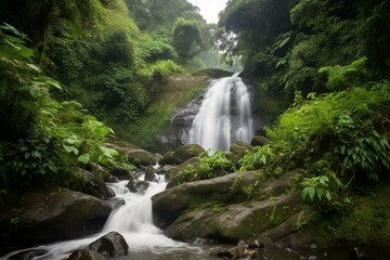 Naklejka na ściany i meble Stunning waterfall amidst lush greenery. Generative AI