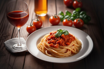 Delicious Plate of Spaghetti with tomato sauce on a white plate with basil on top. Served with tomatoes and wine.