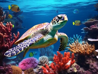 Naklejka na ściany i meble A turtle swims over colorful corals in the ocean generative ai