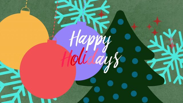 Happy Holidays with colorful bells on and Christmas tree on cartoon texture, motion holidays and winter style background for New Year and Merry Christmas