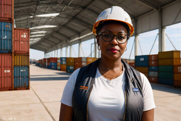 Portrait of the senior successful confident professional female engineer standing in amongst the shipping containers at the cargo port