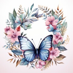 Flowers and butterflies wreath isolated on white background