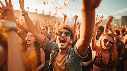 Delighted young male in sunglasses with mouth opened looking at camera while standing among cheering crowd of audience, attending music festival and with hands raised showing peace sign gesture  - obrazy, fototapety, plakaty