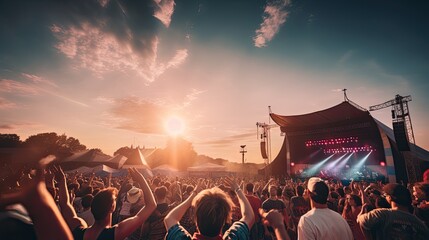 Back view of excited audience looking away while standing in front of illuminated stage in sundown light and loving live concert of music festival, with heart sign against orange sun blue sky - obrazy, fototapety, plakaty