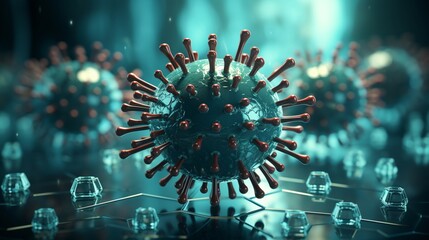 Virus protection background with shield and bacteria piked cells flying on blue background. - obrazy, fototapety, plakaty