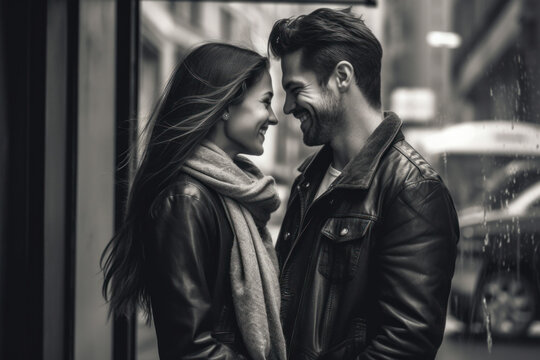 Black and white portrait of romantic couple in leather jackets during autumn smiling standing on a city street