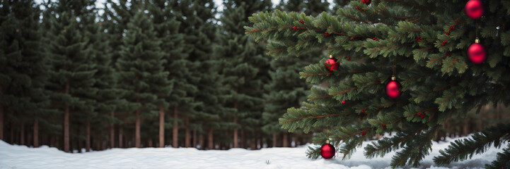 decorated christmas tree in the woods, fir branches, forest