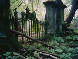 Abandoned cemetery in the middle of a forest with a fence