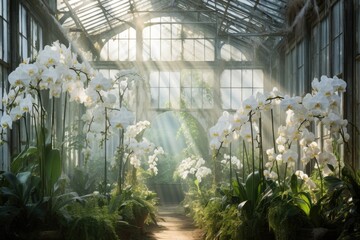 Explore a tropical orchid greenhouse brimming with blooming flowers, nature beauty