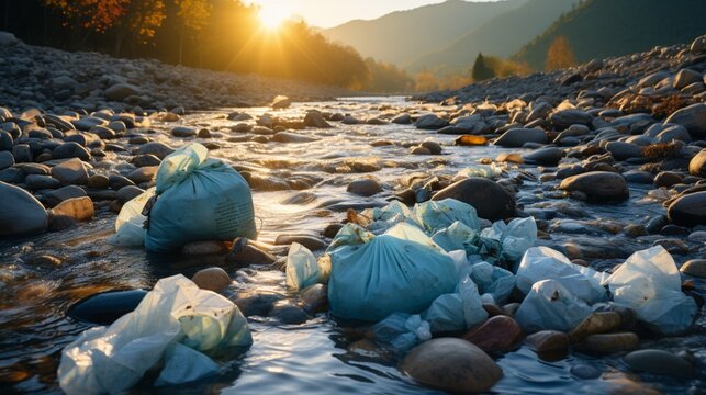 Water pollution with plastic bags in river.