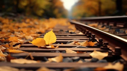 Fototapete Eisenbahn autum leaves on a train track