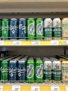 25.09.2023, Ukraine, Kharkiv, a shelf in a supermarket with canned beer