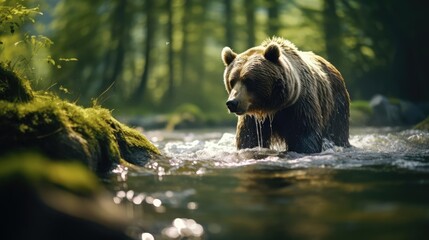 bear fishing in a stream in the woods