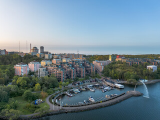 Aerial view of Nacka Strand residential area in Nacka outside Stockholm in early autumn morning 