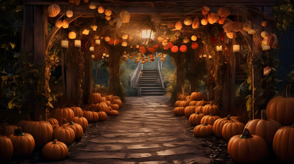 pumpkin patch farm fall autumn festival. Autumn and halloween concept - obrazy, fototapety, plakaty